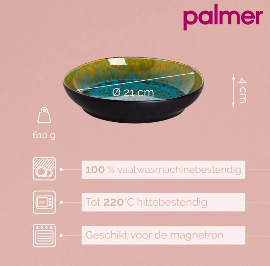 Palmer Lotus Pastabord 21cm - 2 Stuks - Turquoise/Zwart