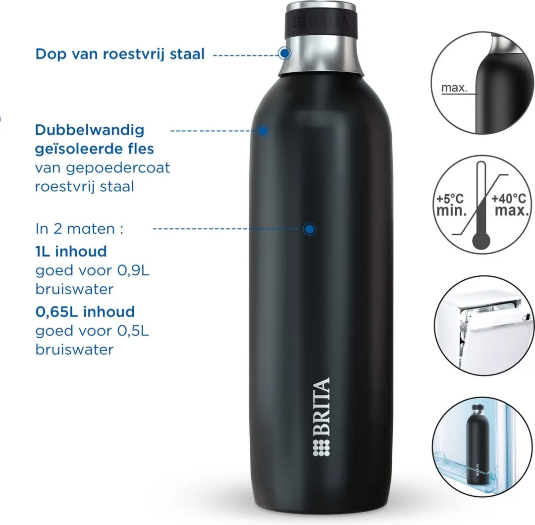 BRITA SodaTRIO Roestvrijstalen Fles 1L - Zwart