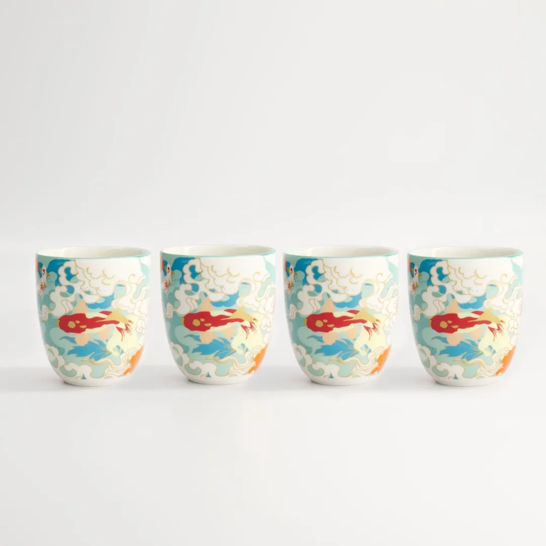 Tokyo Design Studio Kawaii Goudvis Theekopjes - 4 Stuks - 170ml - Rood/Blauw
