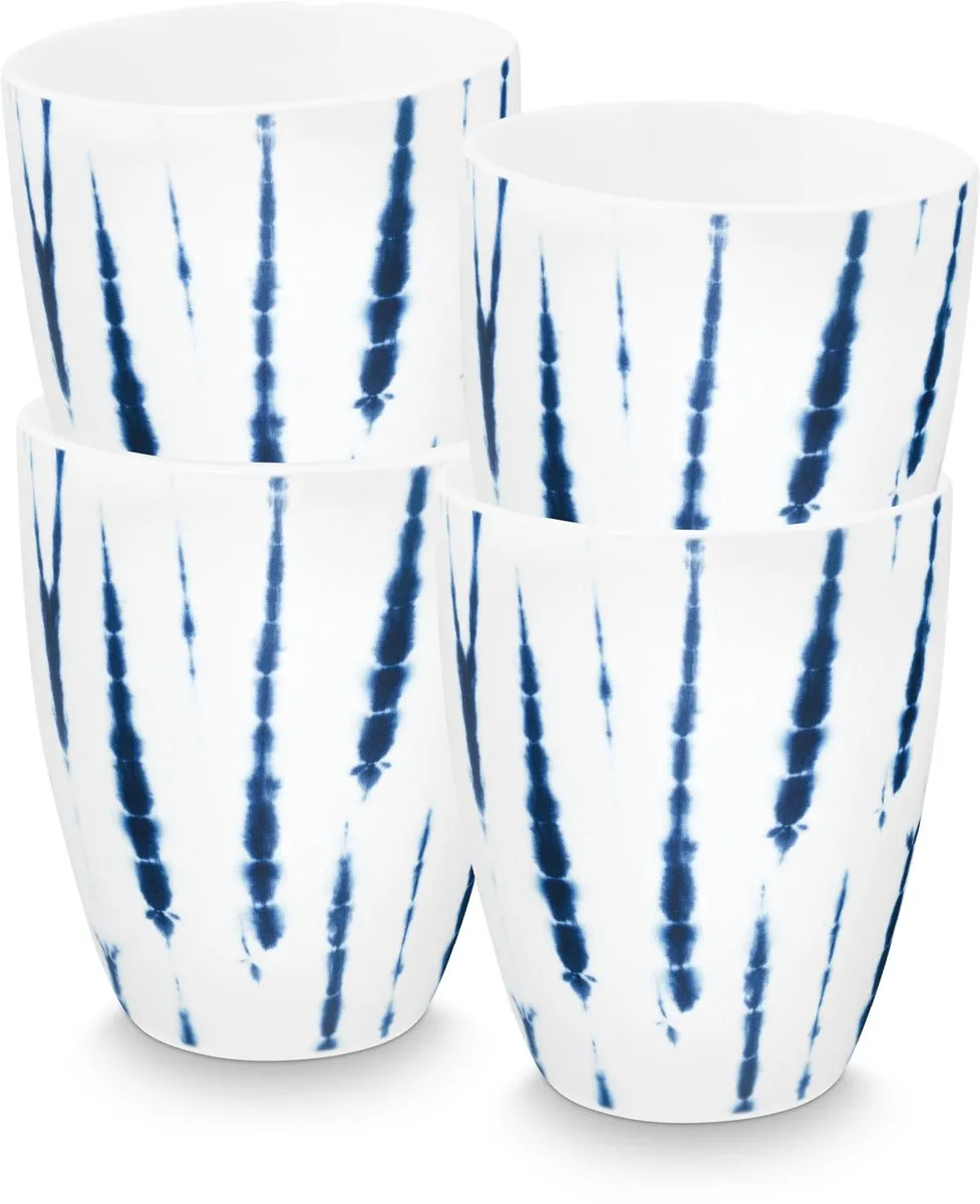 vtwonen Tie-Dye Mok 425ml - Blauw/Wit - Set van 4