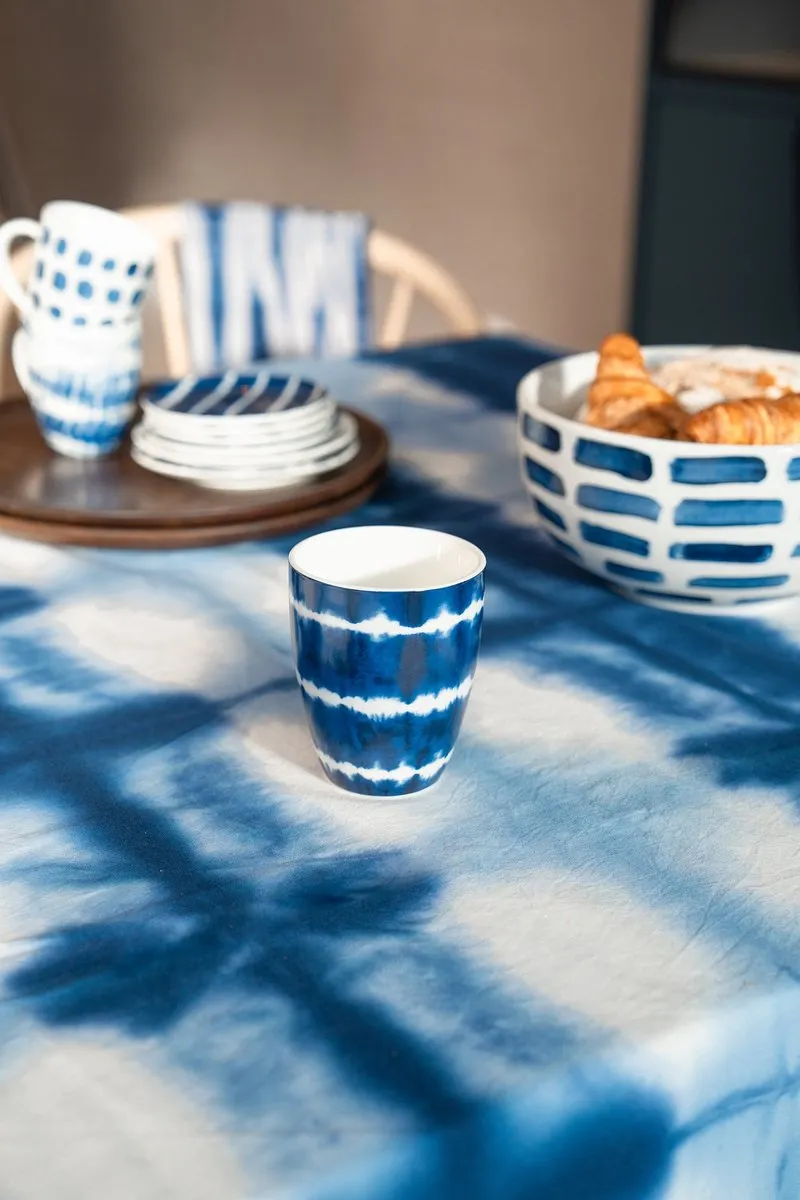 vtwonen Tie-Dye Mok 425ml - Blauw/Wit - Set van 4