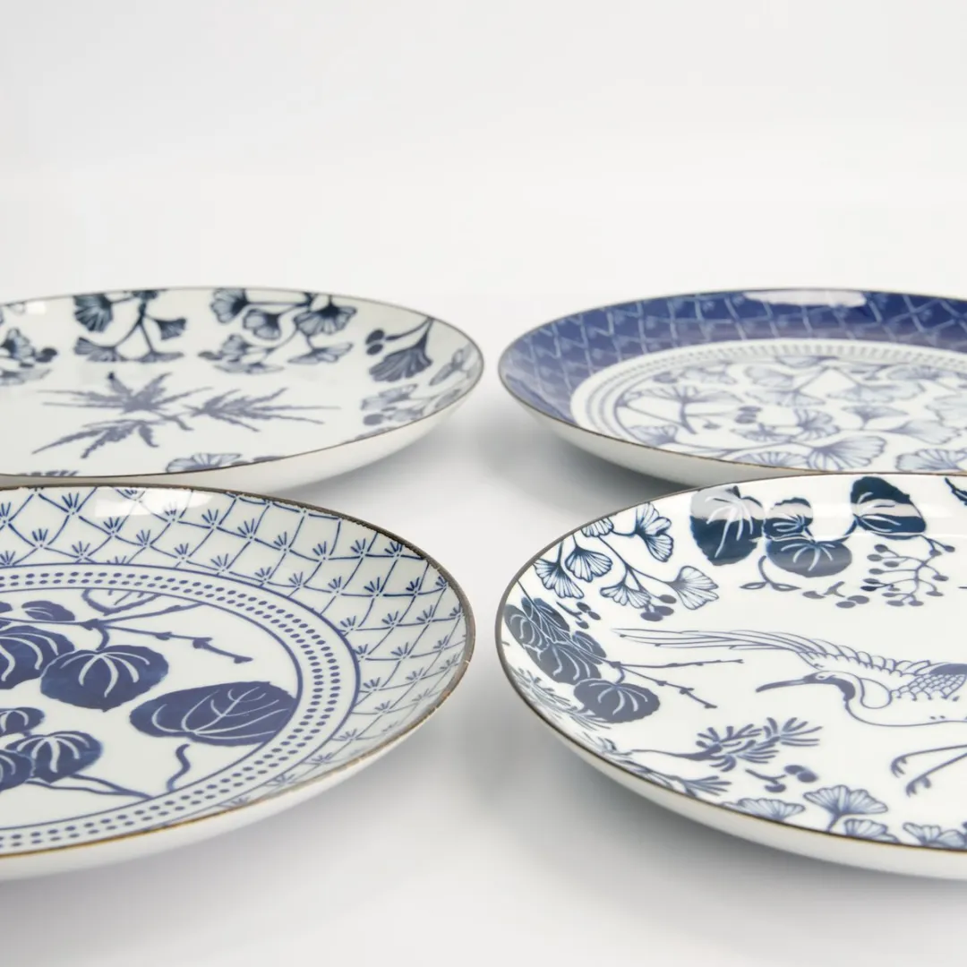 Tokyo Design Studio Flora Japonica Dinerborden Set - Ø25,7cm - 4 Stuks - Blauw/Wit