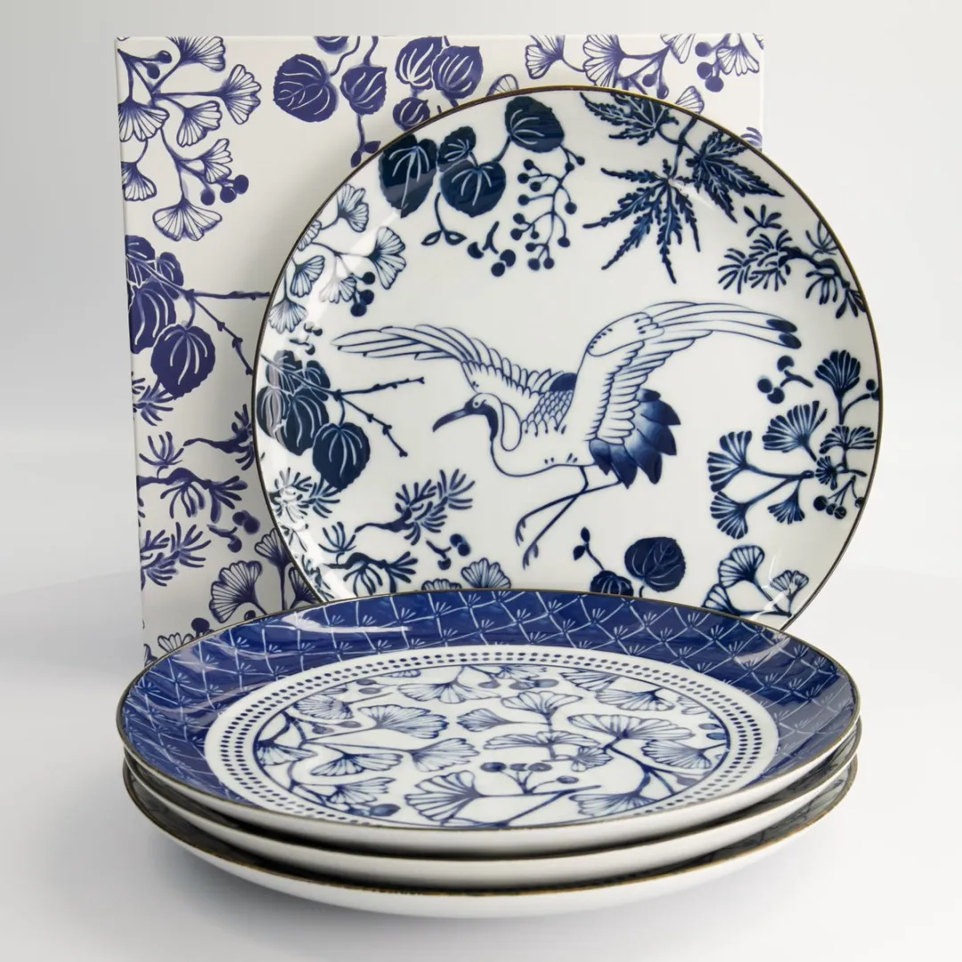 Tokyo Design Studio Flora Japonica Dinerborden Set - Ø25,7cm - 4 Stuks - Blauw/Wit