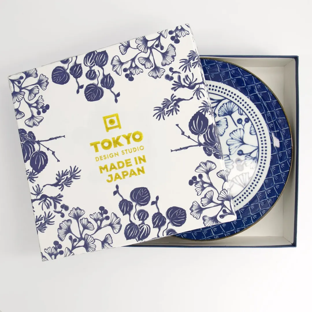 Tokyo Design Studio Flora Japonica Dinerborden Set - Ø25,7cm - 4 Stuks - Blauw/Wit