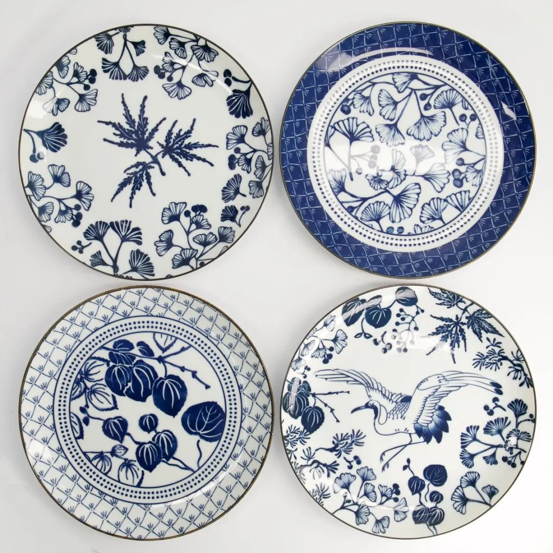Tokyo Design Studio Flora Japonica Dinerborden Set - Ø25,7cm - 4 Stuks - Blauw/Wit