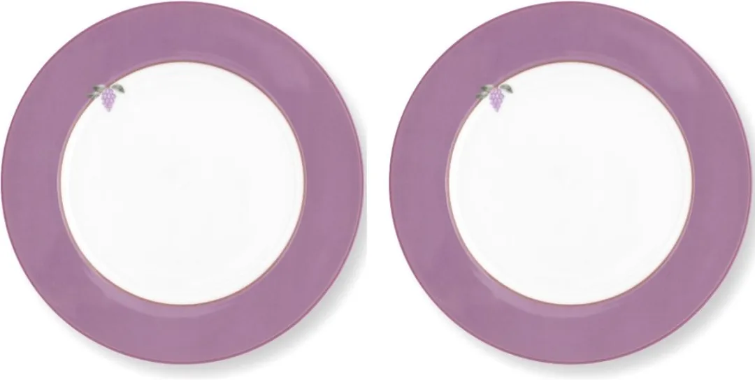 Pip Studio Lily en Lotus Ontbijtbord - 21cm Porselein - Lila/Wit - 2 Stuks