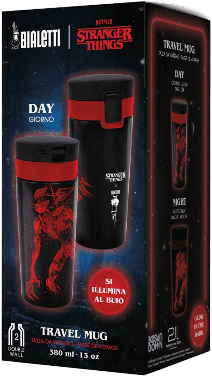 Bialetti Stranger Things Thermo Reisbeker 380ml - Glow in the dark - Zwart/Rood