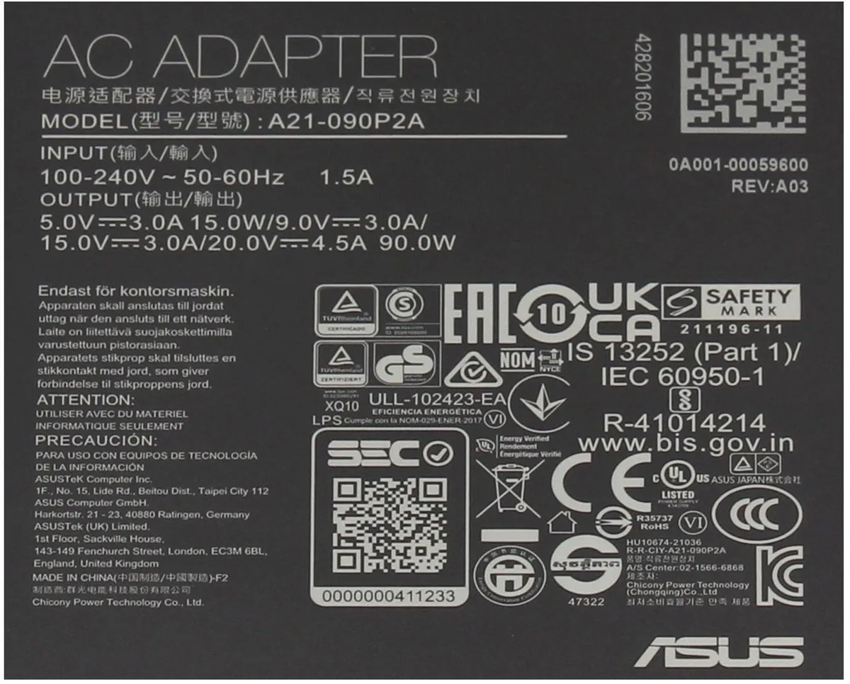 ASUS 0A001-01290200 USB-C Oplader 90W - Zwart