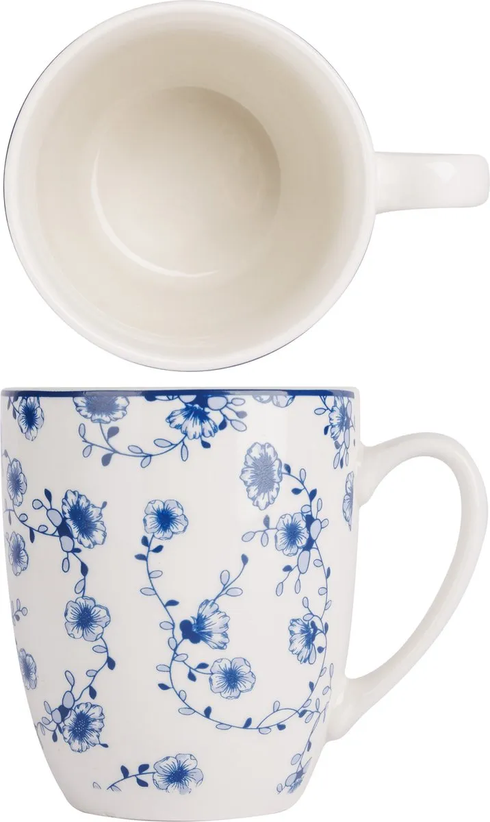 Cosy&Trendy Flor Azul Beker Set 4 Stuks - 370ml - Wit/Blauw