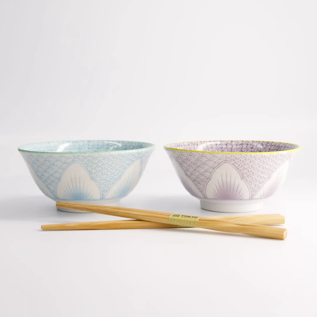 Tokyo Design Studio Lily Flower Porseleinen Kommen 550ml - 2-delig - Paars/Blauw/Wit