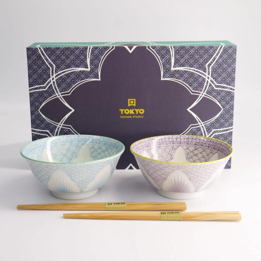 Tokyo Design Studio Lily Flower Porseleinen Kommen 550ml - 2-delig - Paars/Blauw/Wit