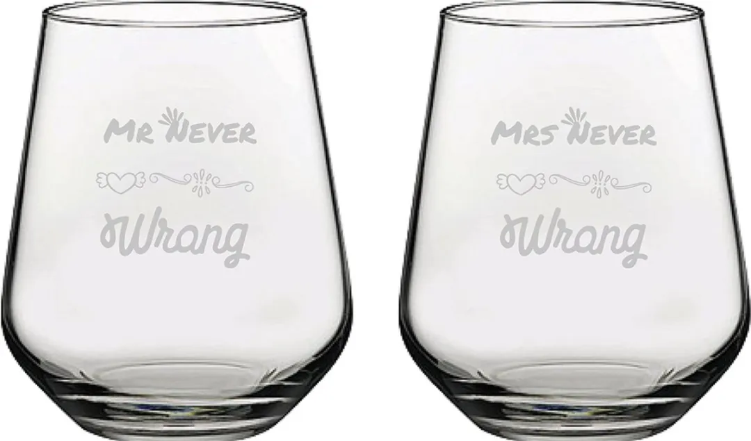 Pasabahce Mr. Never Wrong Mrs. Never Wrong Gegraveerde Drinkglazen 42,5cl