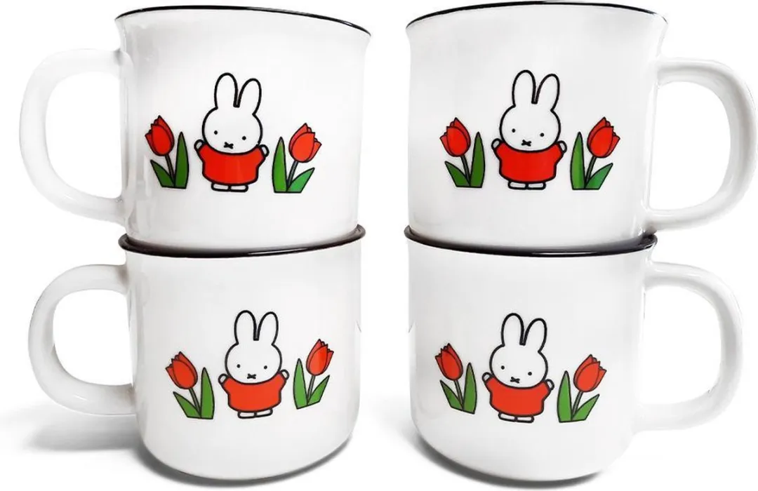 Nijntje Retro Mokkenpakket - 4x Keramisch 230ml - Rood/Wit