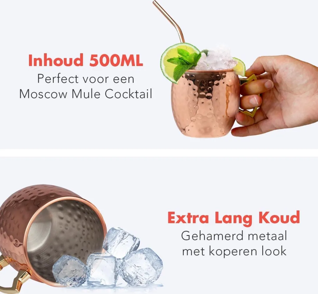 KitchenBrothers Moscow Mule Bekers KB713 - 4 Stuks 500ml - Koper