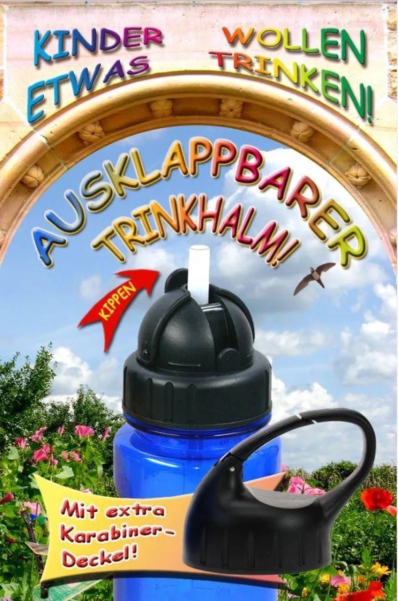Kids At Work Drinkfles Met Rietje Blauw Met Handige Karabijnhaak Dop