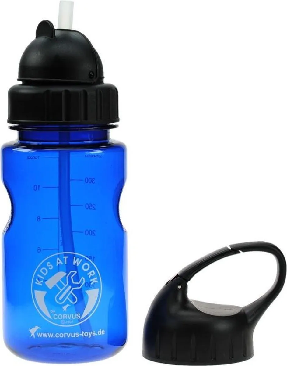 Kids At Work Drinkfles Met Rietje Blauw Met Handige Karabijnhaak Dop
