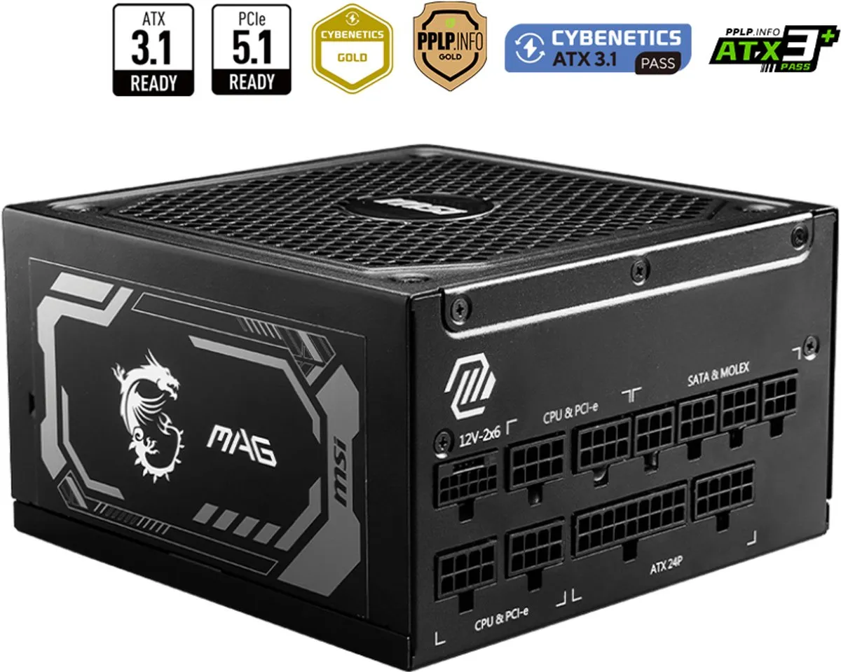 MSI MAG A1000GL PCIE5 - Interne voeding - 1000 Watt - 24-pin - ATX - Zwart