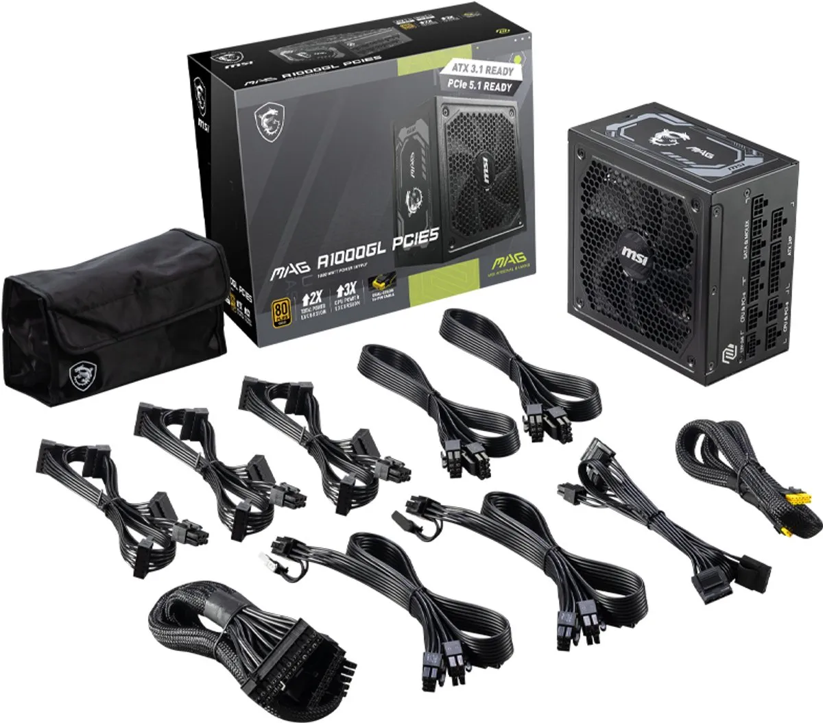 MSI MAG A1000GL PCIE5 - Interne voeding - 1000 Watt - 24-pin - ATX - Zwart