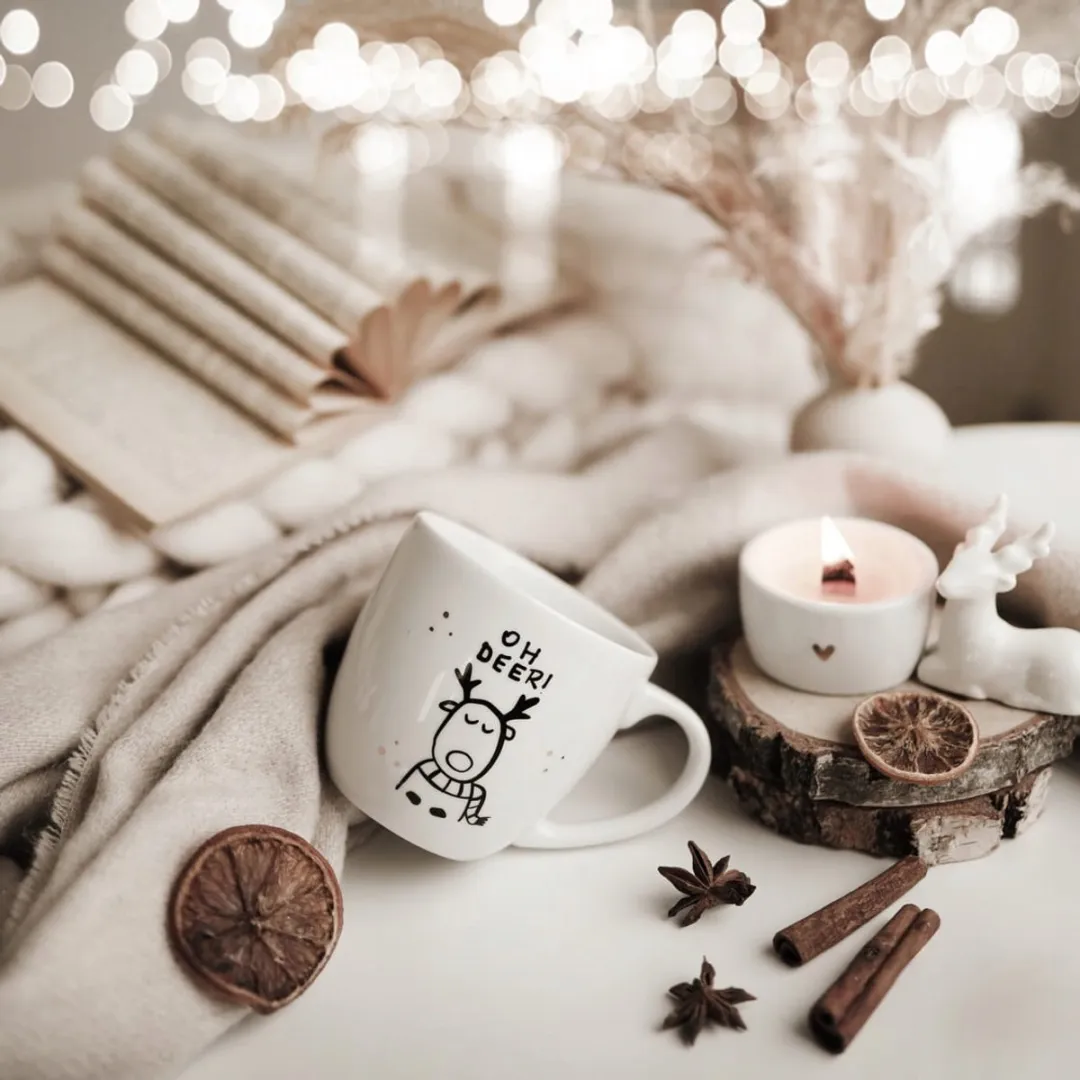 Cosy&Trendy Porseleinen Mok 'Oh Deer' 300ml - Wit/Zwart/Geel