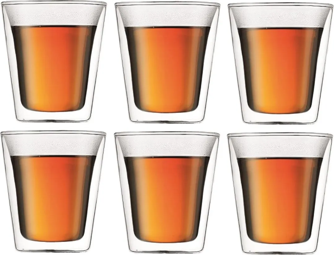 Bodum Dubbelwandige Koffie- / Theeglazen Canteen – 200 ml – 6 Stuks – Borosilicaatglas met Gepatenteerd Ventiel – Dubbelwandige Constructie Houdt Dranken Langer Warm of Koud – Vaatwasser- en Magnetronbestendig – Elegant en Functioneel Design