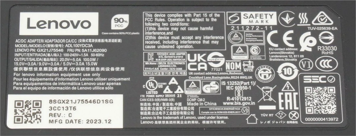 Lenovo GX21J75543 USB-C Oplader 100W - Zwart