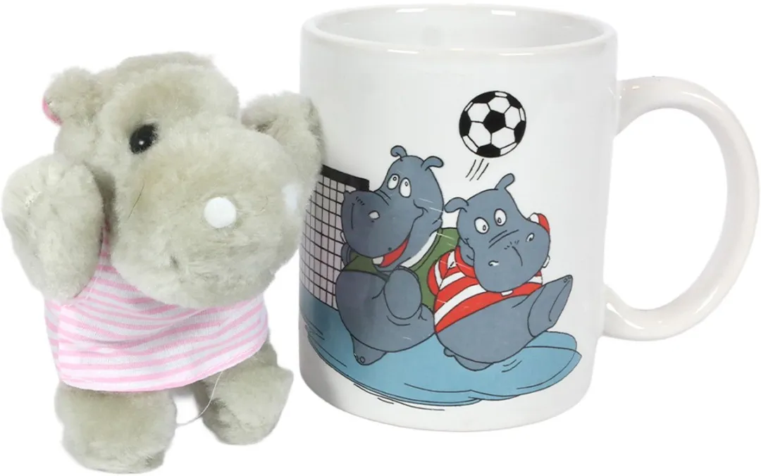 PIA Soft Toys Nijlpaard Mok met Pluche 10cm - Wit/Grijs
