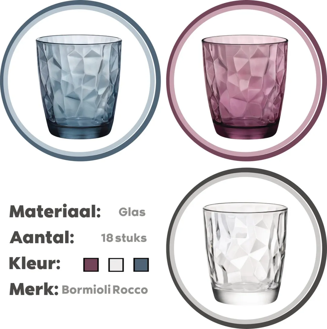 Bormioli Rocco Diamond Waterglazenset 18-delig - 39cl - Blauw/Transparant/Paars