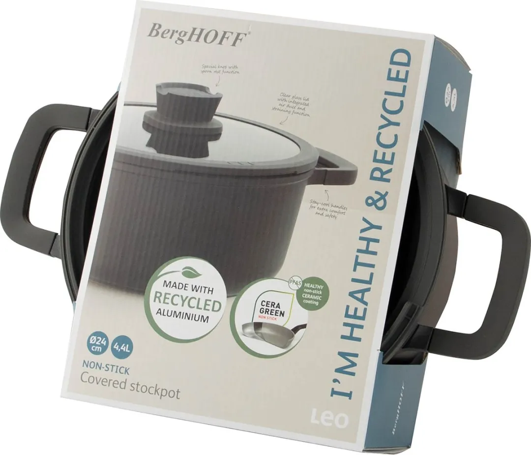 LEO Kookpot antikleef met deksel Stone+ - Ø 24x11cm - Grijs - PFAS-vrij