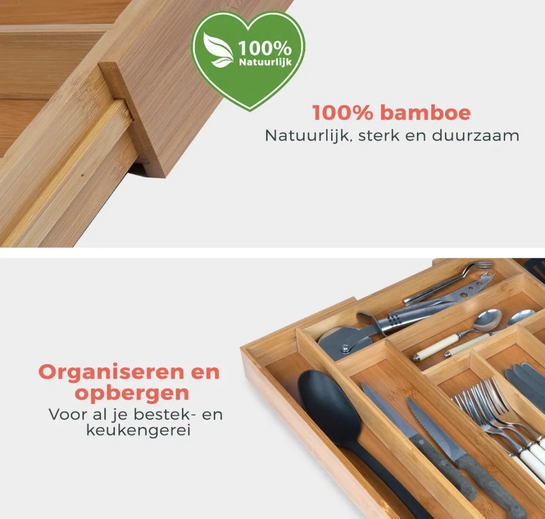 KitchenBrothers Bestekbak 8719632955368 - Uitschuifbaar 6 Vakken - Bamboe
