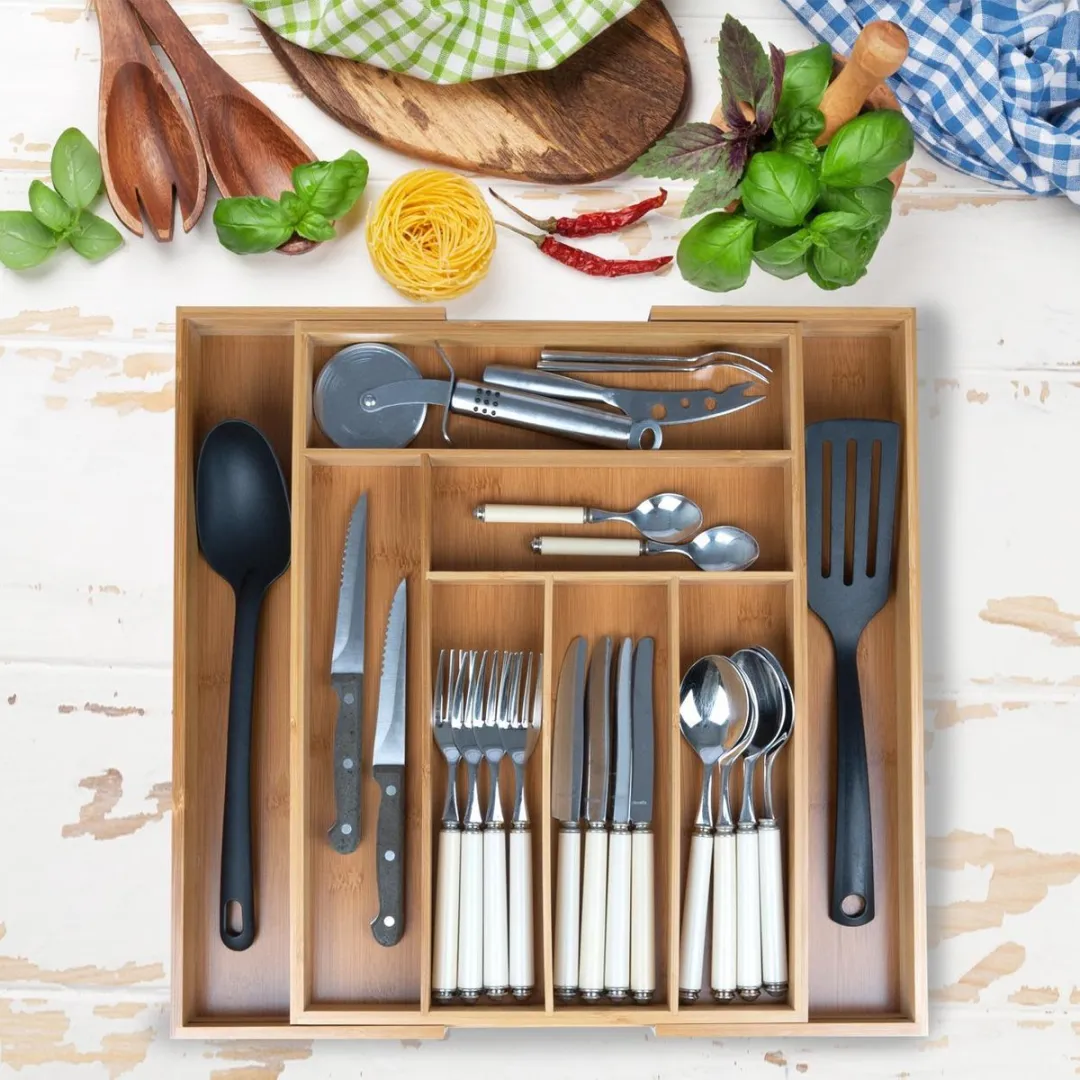 KitchenBrothers Bestekbak 8719632955368 - Uitschuifbaar 6 Vakken - Bamboe