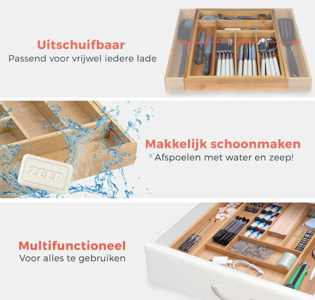 KitchenBrothers Bestekbak 8719632955368 - Uitschuifbaar 6 Vakken - Bamboe