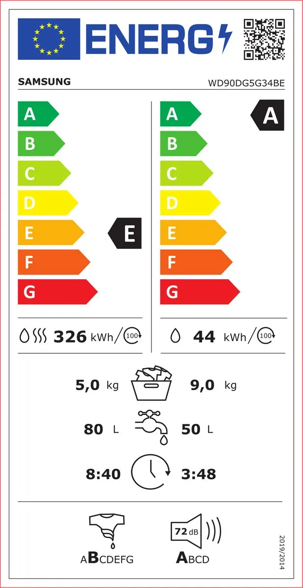Samsung WD90DG5G34BE, Voorlader, Vrijstaand, Wit, Links, Zwart, LED