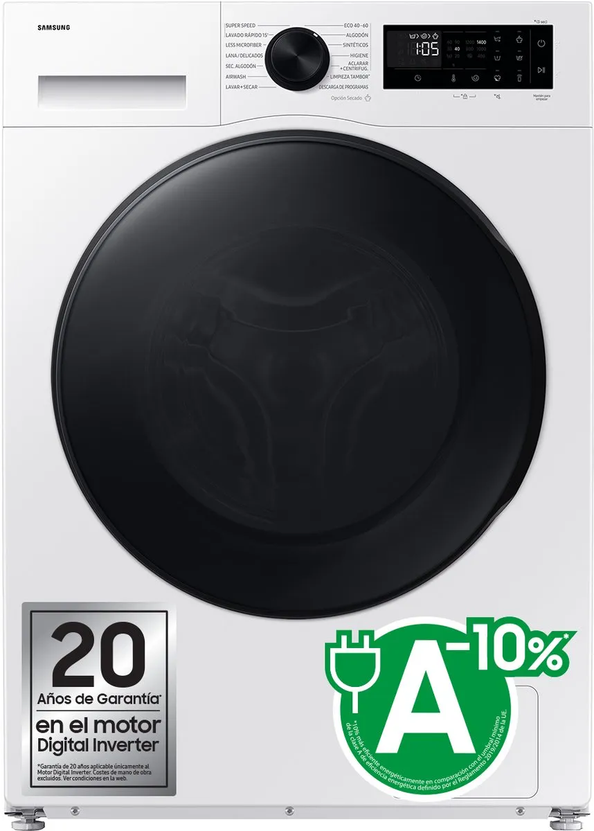 Samsung WD90DG5G34BE, Voorlader, Vrijstaand, Wit, Links, Zwart, LED