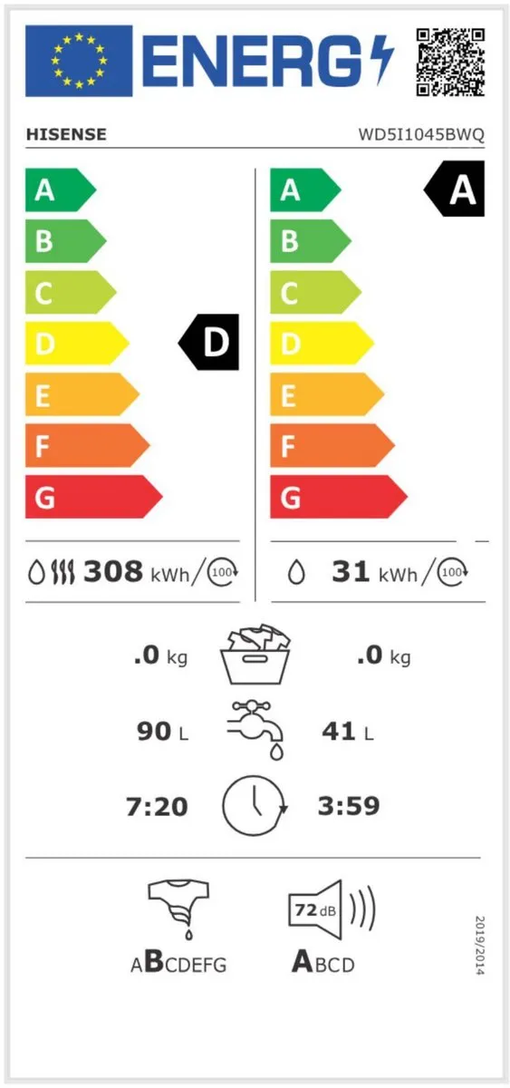 Hisense WD5I1045BWQ, Voorbelading, Vrijstaand, Wit, Links, Touch, TFT