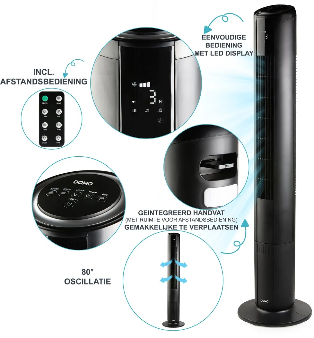 Domo DO8153 Kolomventilator met Sfeerverlichting - 5 Snelheden - Zwart