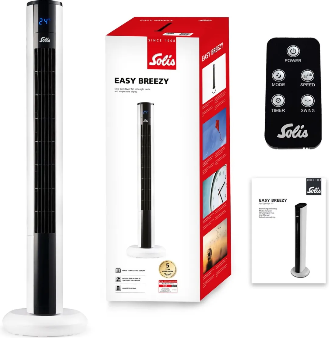 Solis Easy Breezy 757 Torenventilator - Ventilator Staand met Afstandsbediening - Timerfunctie - 37,5 dB - 91 cm Hoog - Kolomventilator - Wit