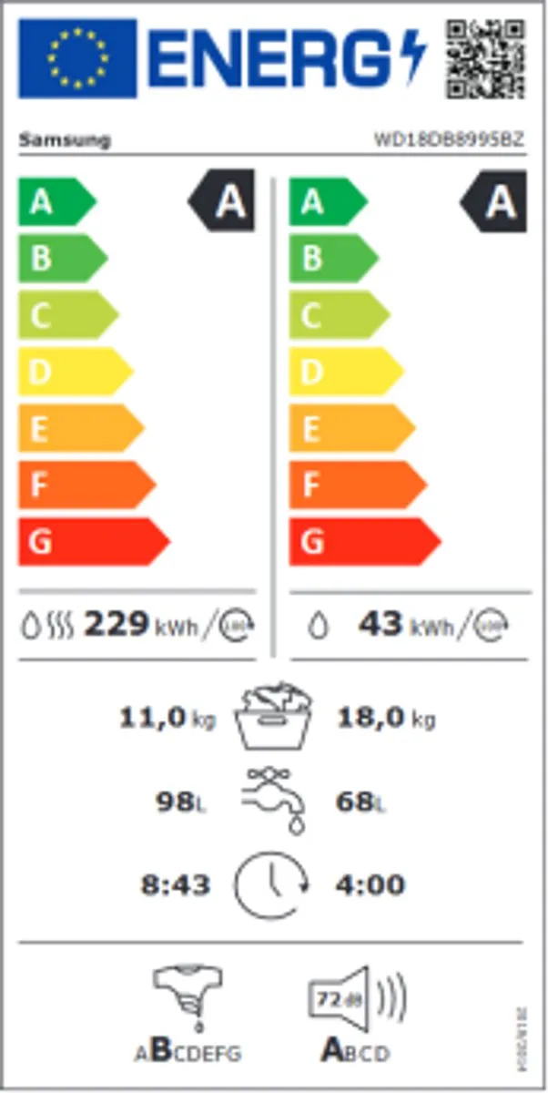Samsung WD18DB8995BZ Was-droogcombinatie 18/11kg - Zilver