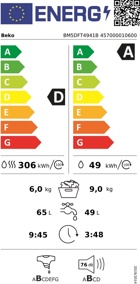 BEKO BM5DFT4941B- Wasdroogcombinatie 9kg/6kg, 1400t, EnergySpin, ProSmart Inverter motor