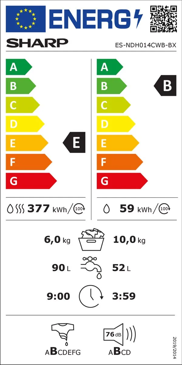 Sharp ESNDH014CWBBX Was-Droogcombinatie 10/6kg - Wit