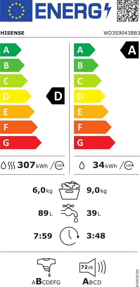 Hisense WD3S9043BB3 Was-Droogcombinatie 9/6kg - 1400 RPM - Zwart