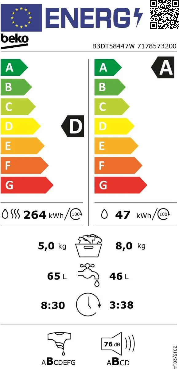 Beko B3DT58447W Was-droogcombinatie 8/5 kg - Wit
