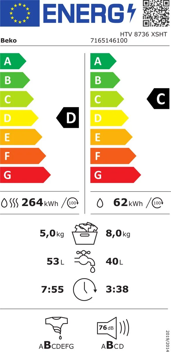 Beko HTV8736XSHT1 Was-droogcombinatie - 8/5 kg - Wit