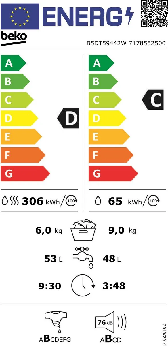 Beko B5DT59442W Was-droogcombinatie 9/6 kg - Wit