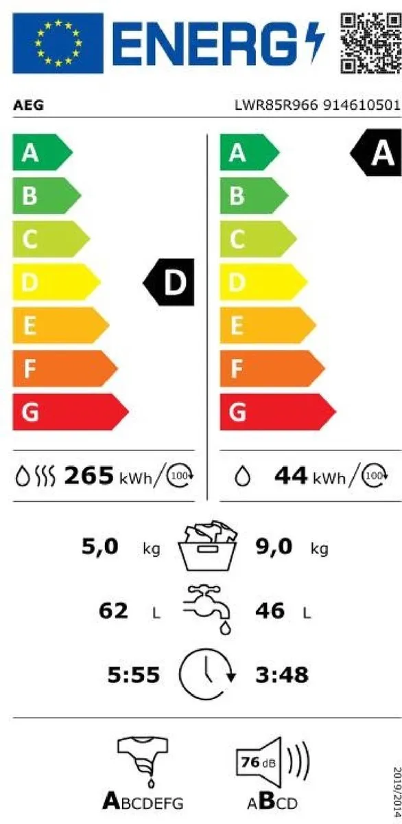 AEG LWR85R966 Wasdroger 9/5kg EcoLine PowerCare - Wit