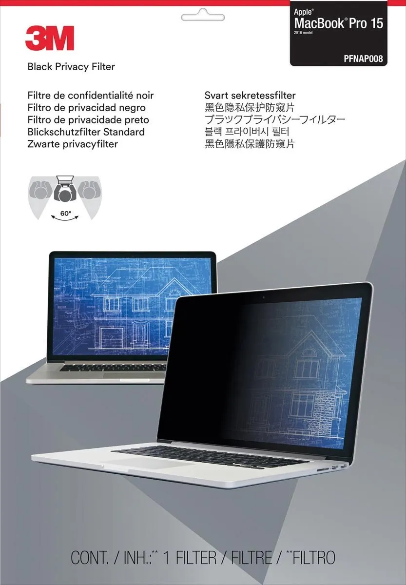 3M PFNAP008 Privacyfilter Apple MacBook Pro 15 2016 - Zwart/Doorschijnend