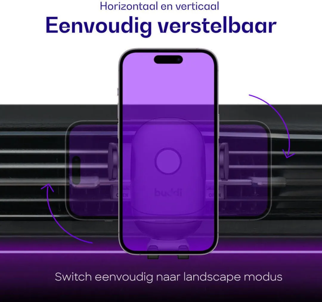 Buddi Way Universele Telefoonhouder Auto - 45W Autolader + 60W USB-C Kabel - Zwart/Grijs