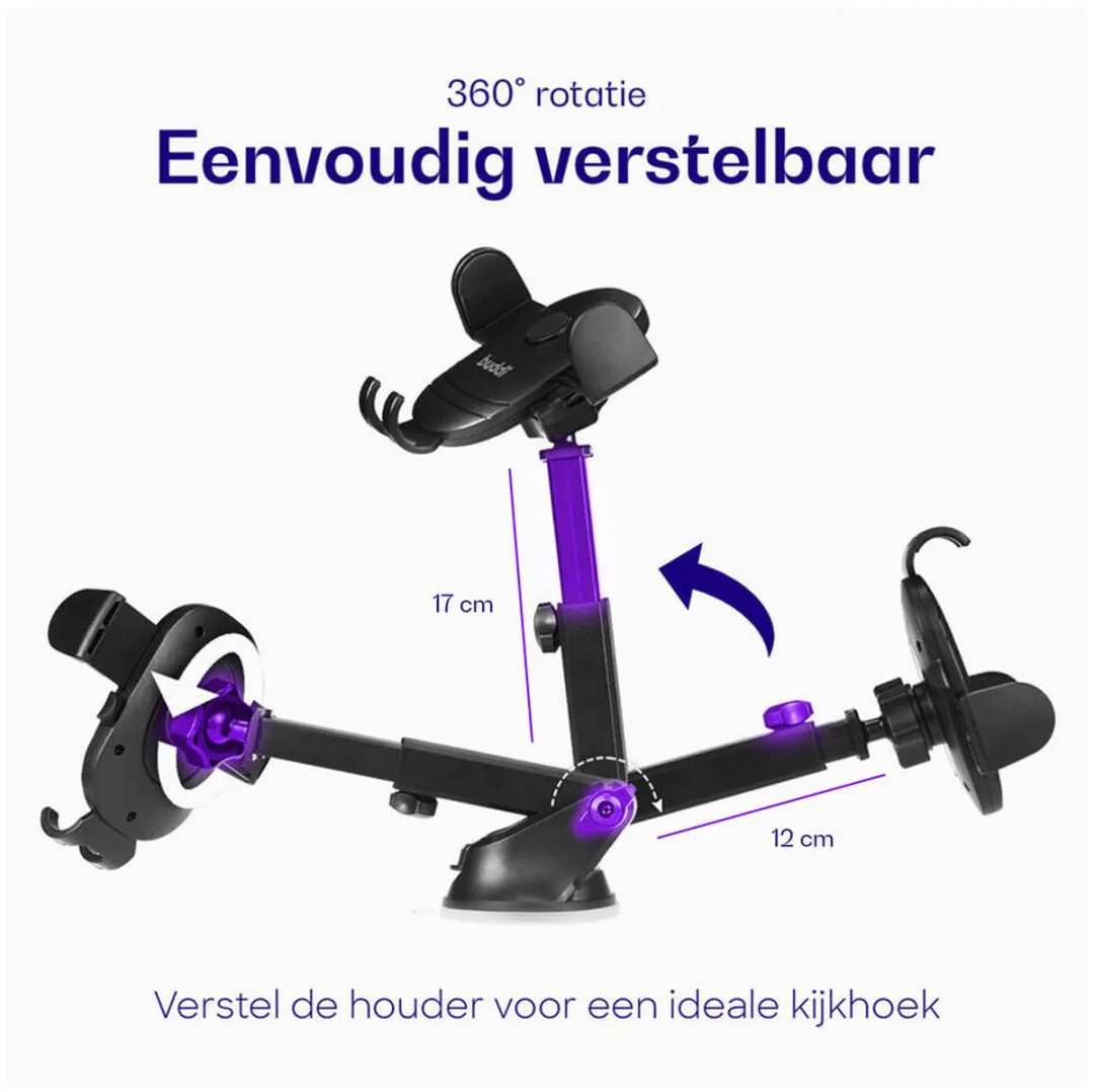 Buddi Way Universele Telefoonhouder Auto - 45W Autolader + 60W USB-C Kabel - Zwart/Grijs