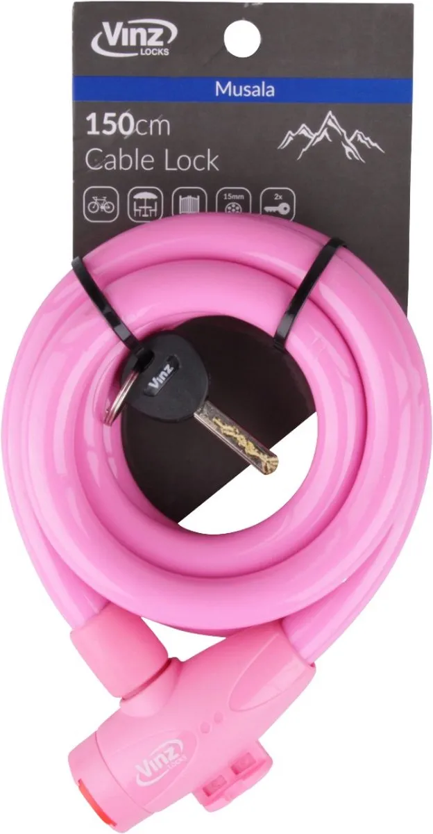 VINZ Musala Spiraal Kabelslot 15mm - 150cm Roze