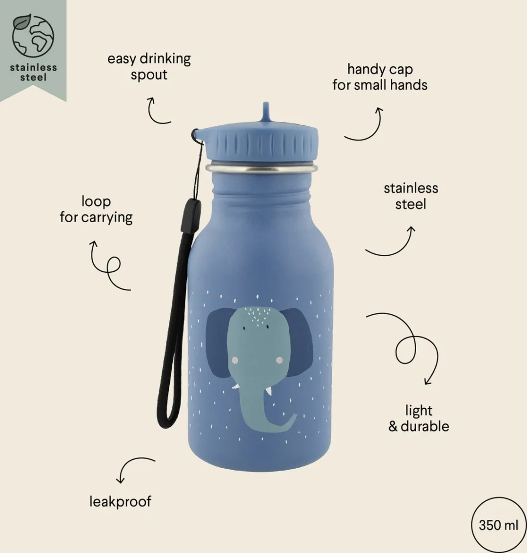 Trixie Mrs. Elephant RVS Drinkfles 350ml - Blauw