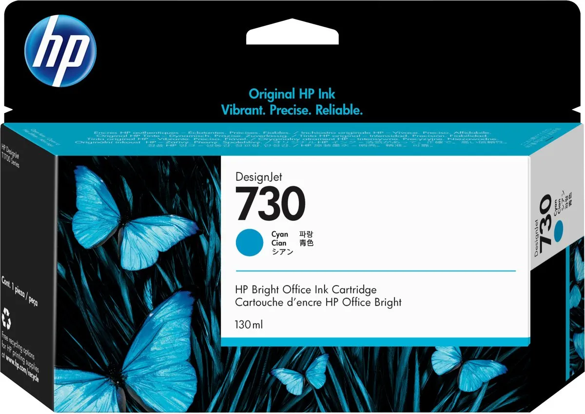 HP 730 P2V62A Inktcartridge - Cyaan - 130ml - o.a. DesignJet T1700/T2300
